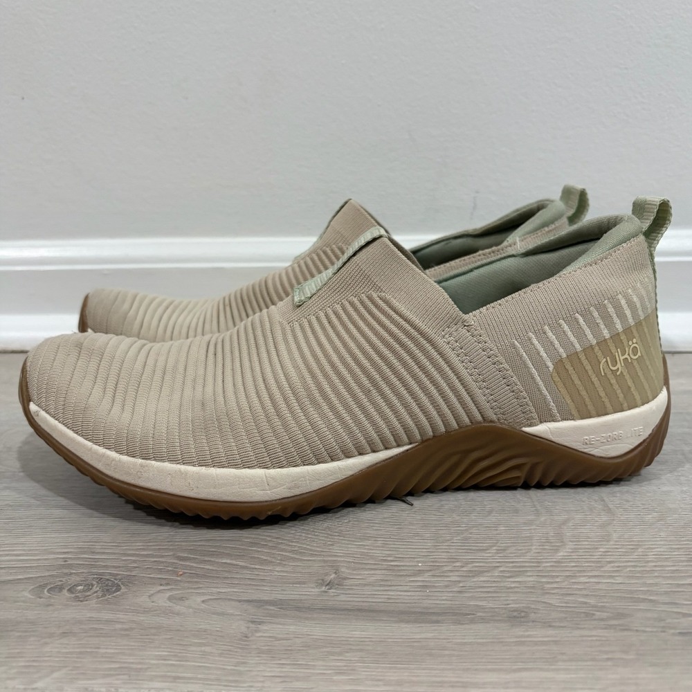 Ryka Re-Zorb Lite Womens Slip On Walking Sneakers Tan Sage Ribbed Knit Shoes 8.5